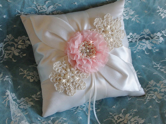 Hochzeit - Ivory Satin Blush Wedding Ring Pillow, Shabby Chic Ring Bearer Pillow, Lace Ring Pillow with Pearls, Chiffon and Rhinestone Ring Pillow