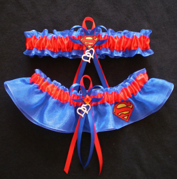زفاف - Superman PLUS SIZE Logo Fabric Jewel Wedding Bridal Garter Set Prom Double Heart Charm