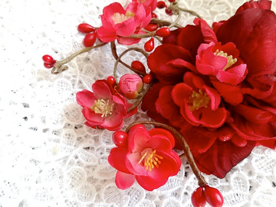 زفاف - valentines day hair clip, red flower bridal hair accessory, cherry blossom - MY VALENTINE - wedding hair flower, rustic wedding