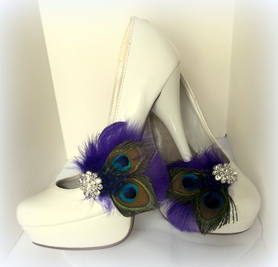 Wedding - Bridal Shoe Clips - Peacock Shoe Clips, Purple, Feathered Shoe Clips, Wedding Shoe Clips
