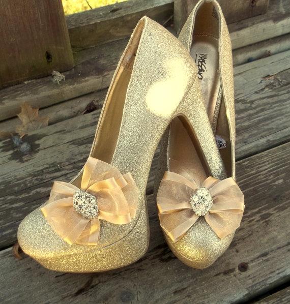 زفاف - Shoe Clips - set of 2 - Sparkling Crystal Rhinestones wedding shoe clips in Organza Ribbon, Many Colors