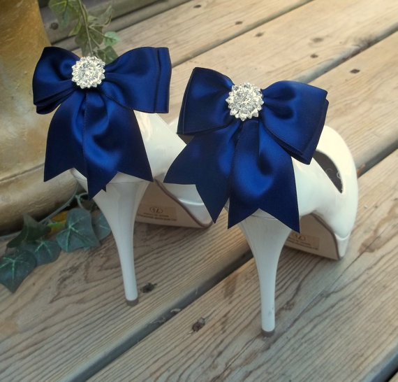 Hochzeit - Satin Bow Shoe Clips - set of 2 - with sparkling rhinestones, Bridal Shoe Clips, Many colors to choose from
