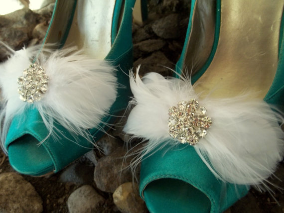 Wedding - WEDDING SHOE CLIPS - bridal wedding special occassion feather rhinestone shoe clips white, ivory or black