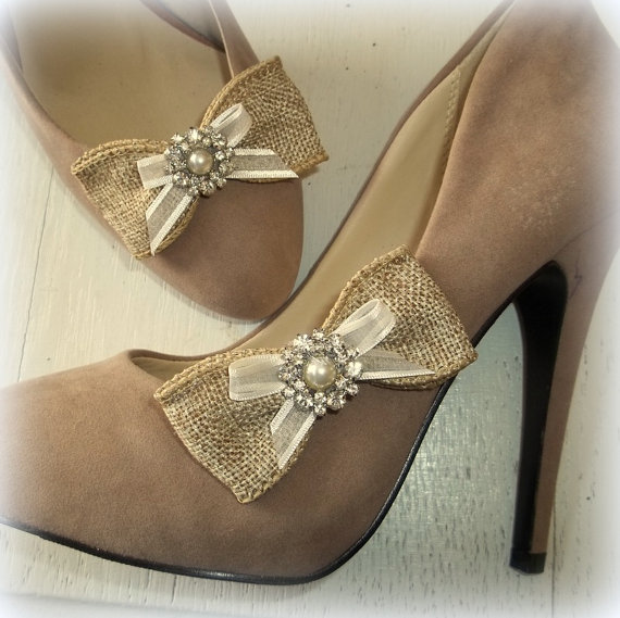 Свадьба - Burlap Shoe Clips pearls rhinestones womens girls shoes clip, wedding bridal shoes clip cute and original