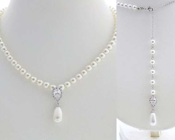 Mariage - Wedding Pearl Necklace Bridal Jewelry Pearl Backdrop Necklace White Pearl Jewelry Bridal Necklace Wedding Jewelry
