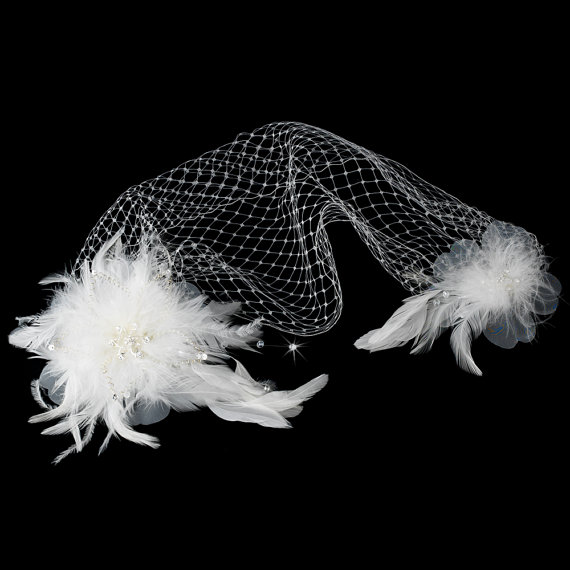 Hochzeit - Bridal Cage Veil Feather Accent Clip Birdcage Veils White or Ivory