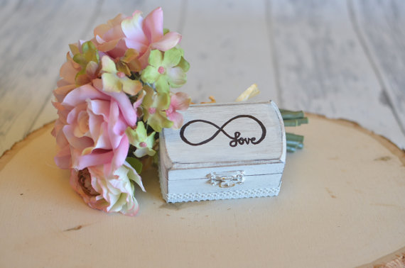 Wedding - Rustic Wedding Ring Box Keepsake or Ring Bearer Box- Love Infinity-Personalized Inside- Comes With Burlap Pillow. Ships Quickly.