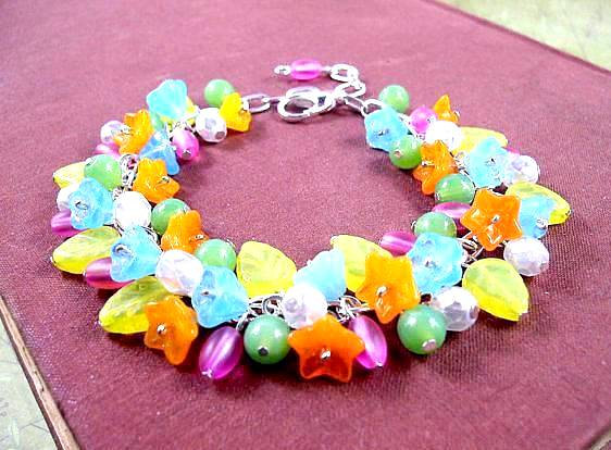 Wedding - Flower Charm Bracelet, Bright Bouquet, Colorful and Silver Charm Bracelet, Free Shipping U.S.