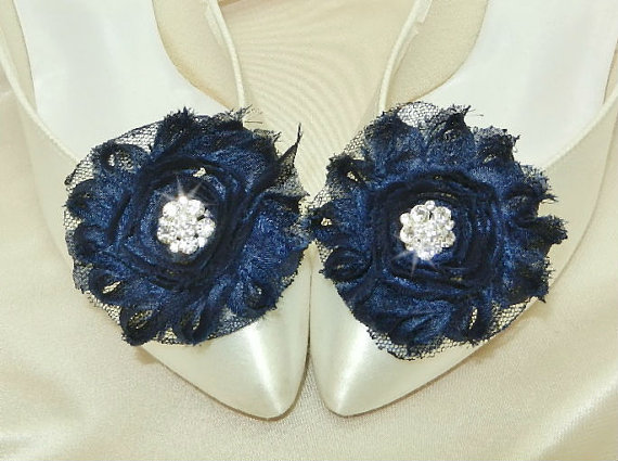 Mariage - Navy Blue Wedding Shoe Clips with Rhinestone Accent