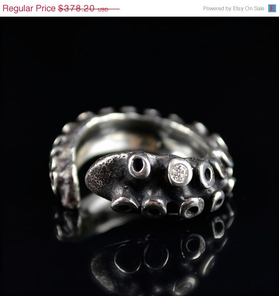 Wedding - VALENTINES SALE White Diamond Tentacle Ring, Wedding Band, Engagement ring, Octopus tentacle jewelry