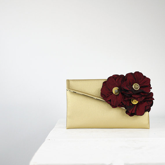 Hochzeit - Burgundy and gold bridesmaid clutch/burgundy wedding purse