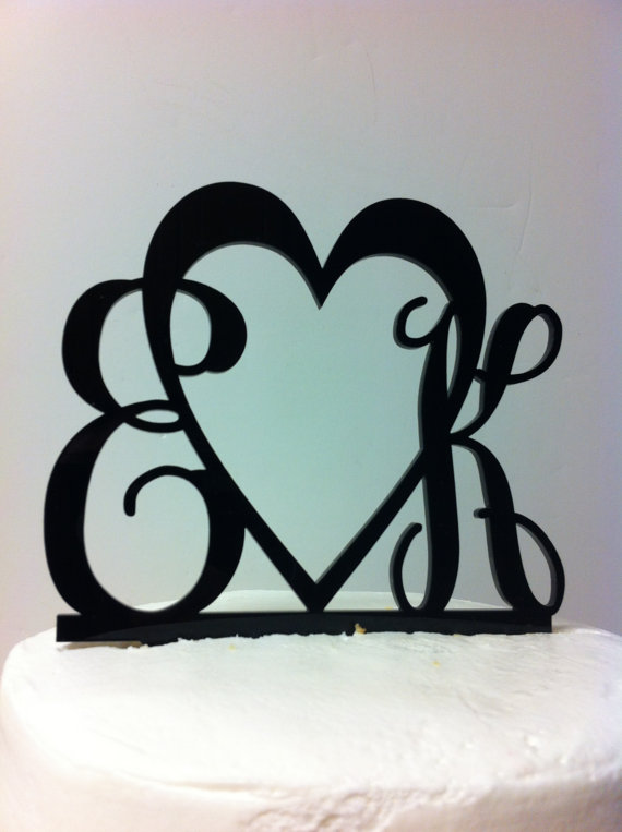 Wedding - Custom Monogram 2 Letter & Heart Acrylic Personalized Initial Monogram Wedding Cake Topper
