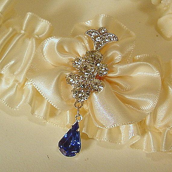 Hochzeit - wedding garter UNE FLEUR CRISTALLINE with blue drop a Peterene original design Swarovski crystals
