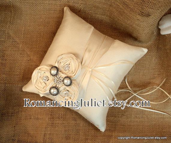 زفاف - Bundles of Pearls and Rhinestones Dupioni SIlk Flower Trio Ring Pillow...50 Plus Colors Available..shown in cream ivory