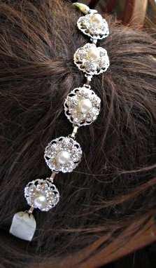 Mariage - Bridal headband Pearl wedding head band Ribbon Hair piece Bridal Hair Accessory rhinestone silver hair ribbon camellia collection