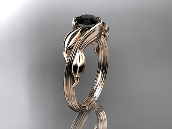 زفاف - 14kt  rose gold   leaf and vine  wedding ring,engagement ring black diamond.ADLR273A