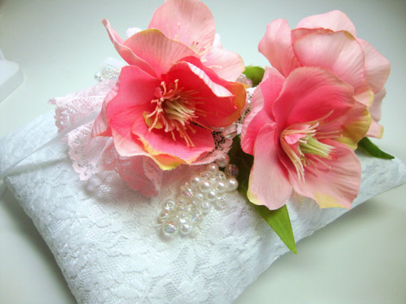 زفاف - White Satin Lace Pearl Floral Dog Ringbearers Pillow, Wedding