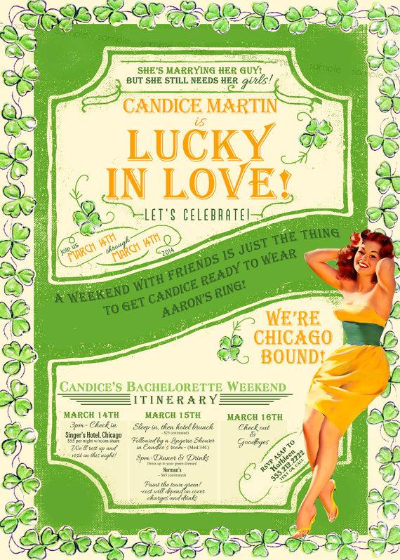 Wedding - St Patrick's Day Vintage Pin Up Girl Invitation- Bachelorette party, Hens night, Lingerie Shower print file printed optional