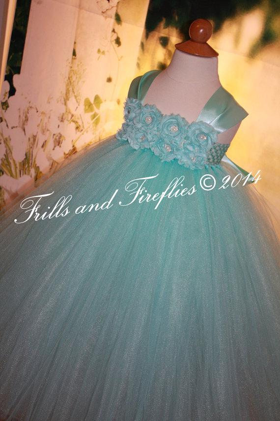Hochzeit - Tiffany Blue Flower girl dress, Shabby Chic Dress with Tiffany Blue satin Shoulders, Weddings, Birthdays 18 Mo, 2t,3t,4t.5t,6