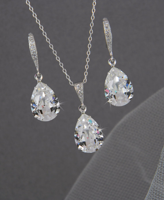 Wedding - Bridal Jewelry Set, Crystal Pendant Earrings Necklace Jewelry Set , Wedding Jewelry, Bridesmaids Jewelry Set, Small Crystal Drop Set