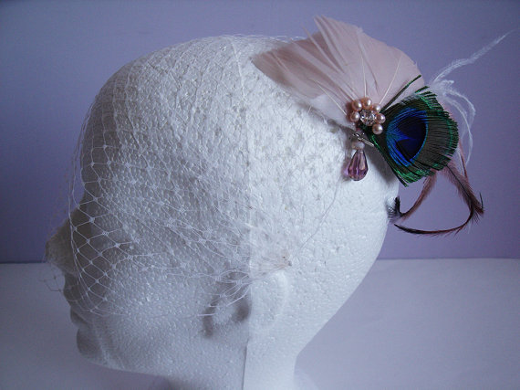 Hochzeit - Ivory Birdcage Veil Fascinator, Ivory Birdcage Veil Peacock Fascinator, Blush Bridal Fascinator, Blush Bridal Headpiece, Blush Fascinator