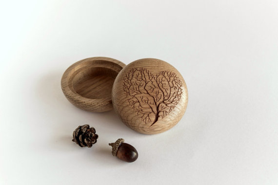Wedding - Round wooden jewelry or trinket box  " Wood Heart  "