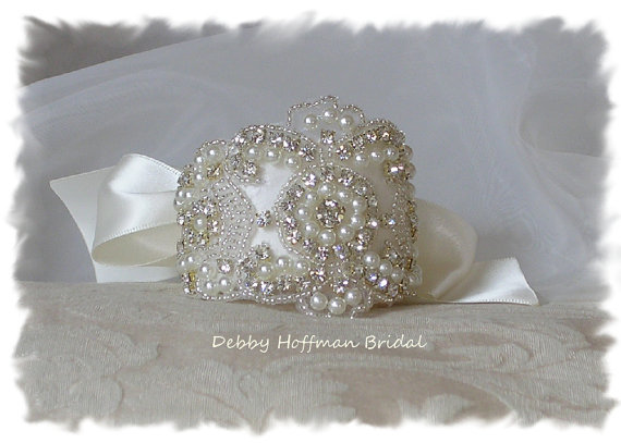 Hochzeit - Rhinestone Crystal Pearl Bridal Cuff Bracelet, Pearl Wedding Bracelet, Wedding Cuff, No. 3080CB, Weddings, Jewelry, Wedding Party Bracelet