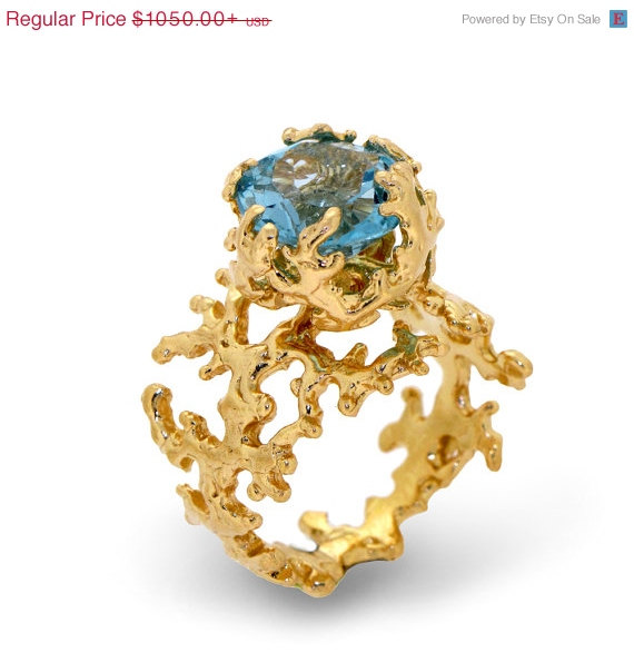 Wedding - SALE - CORAL Blue Topaz Engagement Ring, 14k Gold Ring, Unique Gold Ring, Gold Gemstone Ring, London Blue Topaz Ring Gold