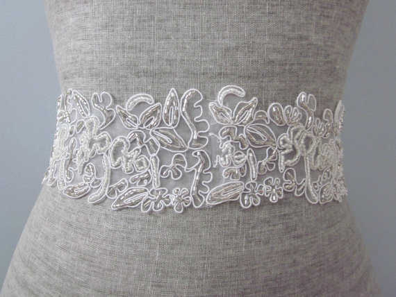 Hochzeit - Beaded floral wedding Sash / belt, Gold or Silver beads Embroidered Lace bridal sash