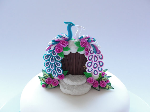Wedding - Peacock wedding cake topper in turquoise, white and pink colours handmade from polymer clay
