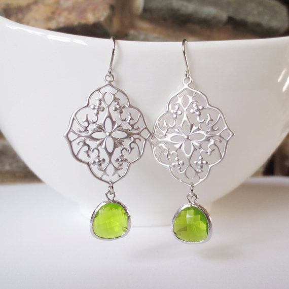 Mariage - Green Floral, Dangle Earrings, Drop Earrings, Bridesmaid,Wedding jewelry, Green Olive, White Gold Flower Frame