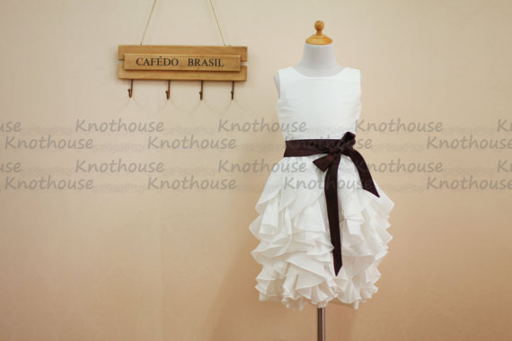 Wedding - Ivory Taffeta Ruffle Flower Girl Dress with Brown Sash Baby Girl Toddler Dress for Wedding