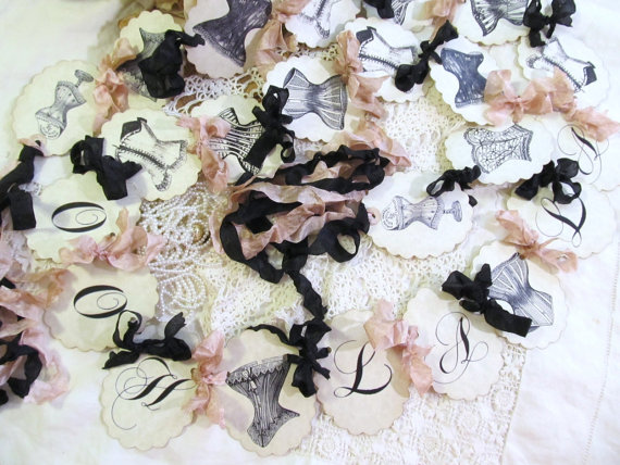 Свадьба - Vintage Corset Banner w/ribbons - Ooh La La Table Shower Parchment Party Garland - Choose Size & Ribbons - Bridal Lingerie Bachelorette