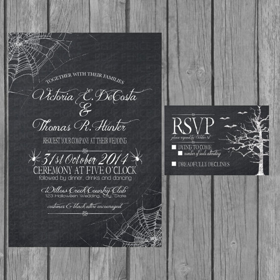 Свадьба - Halloween wedding invitation, modern, black and white, chalkboard, engagement party invite, reception only invite