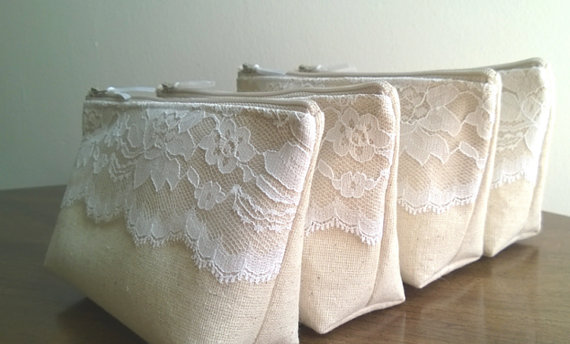 Hochzeit - Ivory Lace Bridesmaid Clutch, Rustic Wedding, Linen and Lace Clutches Set of 7