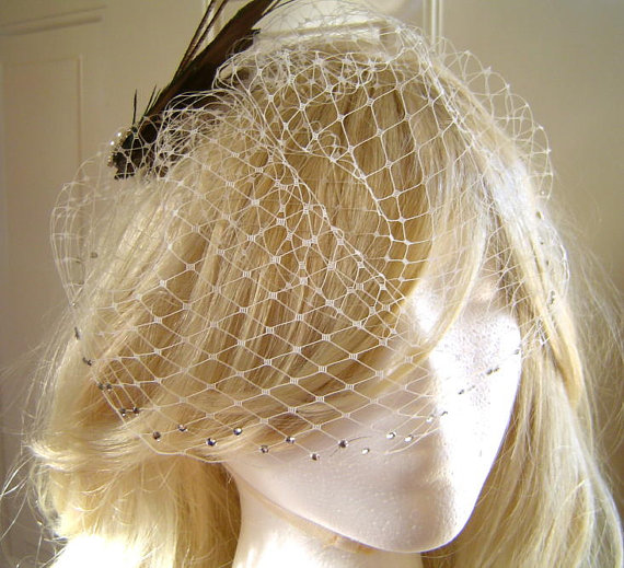 Mariage - Petite Rhinestone Bridal Birdcage Veil French Russian Netting Wedding Available Several Colors