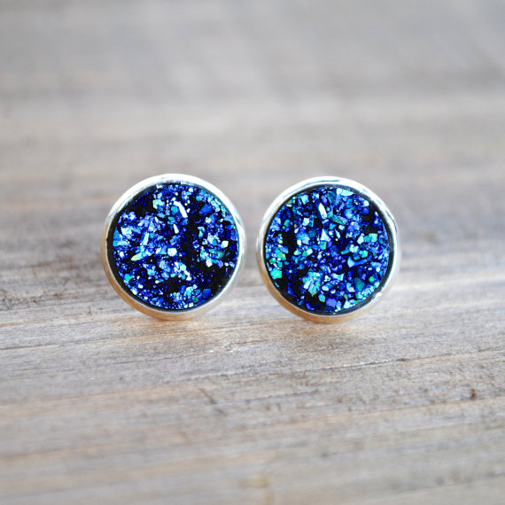 Hochzeit - Blue Druzy Earrings. Silver Setting. Bridesmaids Earrings.