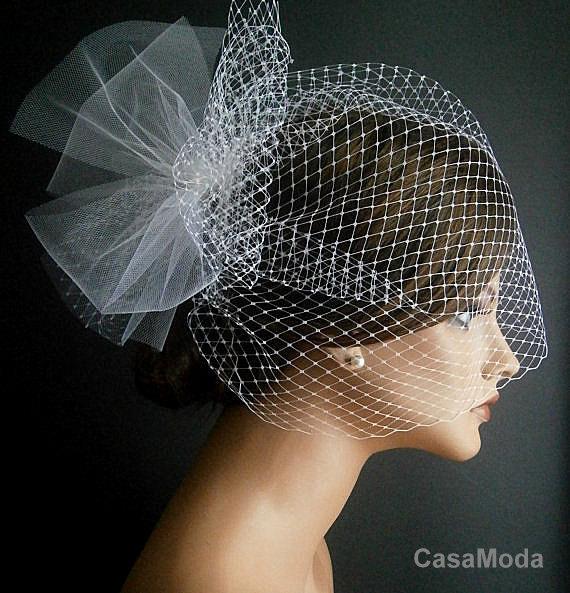 Wedding - White Wedding Viel Full Birdcage Veil With Poof In White Color 13 Inches