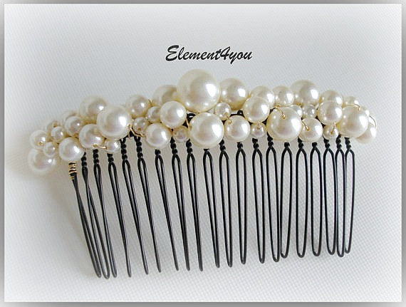 زفاف - Bridal comb pearl Hair Accessories Wedding hair piece Swarovski white or ivory pearls Beaded Black comb Veil attachment Tiara Fascinator