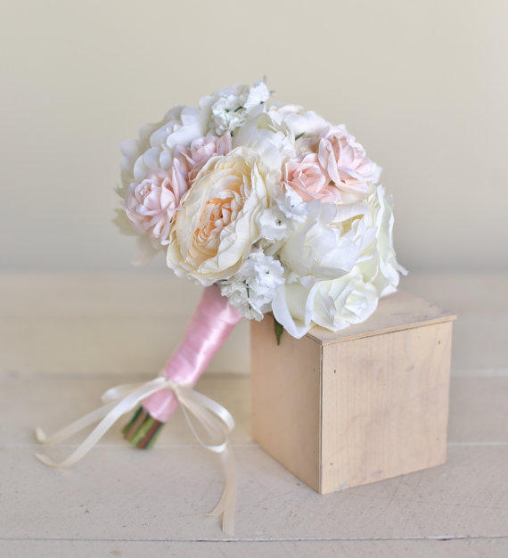 Mariage - Silk Bridesmaid Bouquet Pink Roses Baby's Breath Rustic Chic Wedding NEW 2014 Design by Morgann Hill Designs