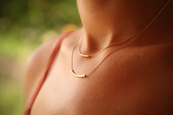 زفاف - Gold Necklace Double Chain 18 karat gold plated Two Tier  beautiful tubular pendants, delicate necklace, wedding, bridal jewelry, fine