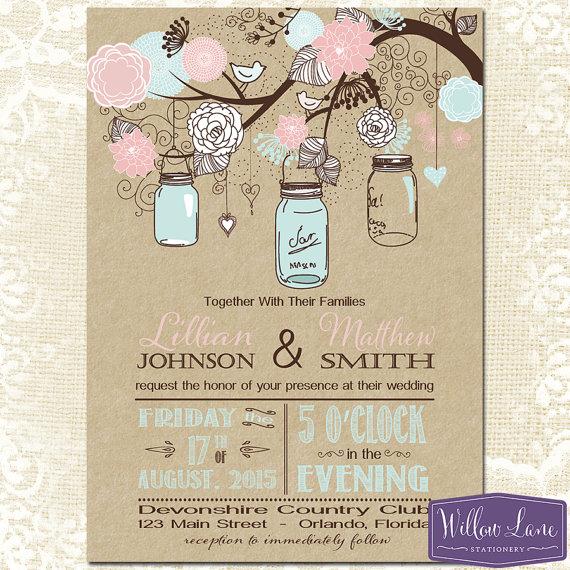 Mariage - Mason Jar Wedding Invitation - Kraft Pink and Blue Mason Jar Wedding Invite - Rustic Barn Vintage Wedding Invitation - 6114 PRINTABLE