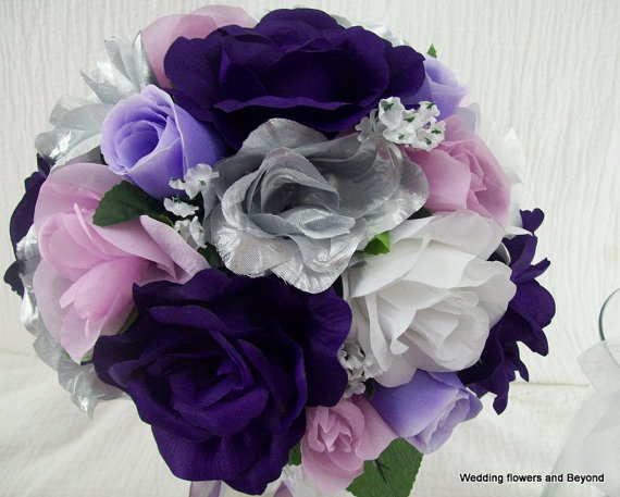 Wedding - Spring Silk Wedding Flower Package 5 pieces MaDe to order Brides on a Budget Wedding Bouquets Purple,Lavendar,Silver and White Roses