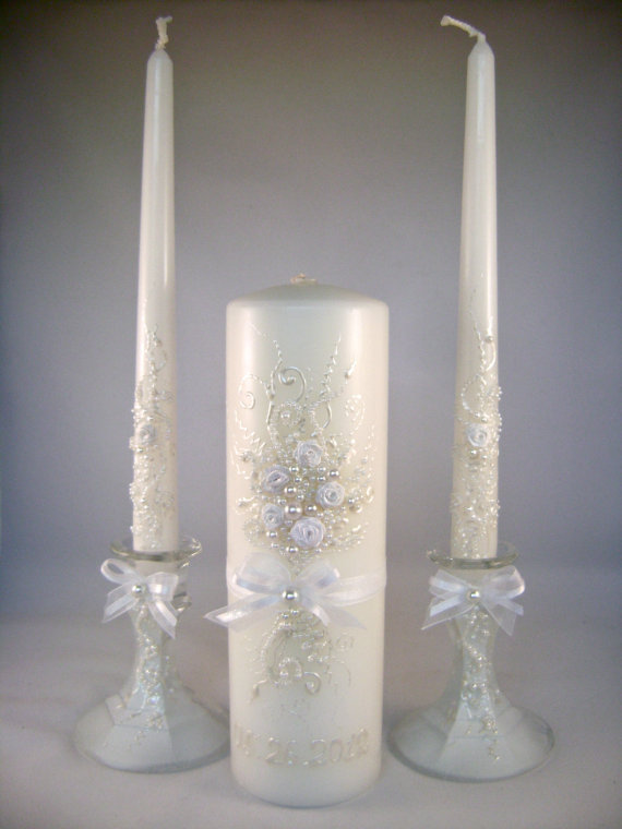 Свадьба - GORGEOUS Wedding unity candle set in pearl ivory and white, beautiful unity ceremony set, wedding reception