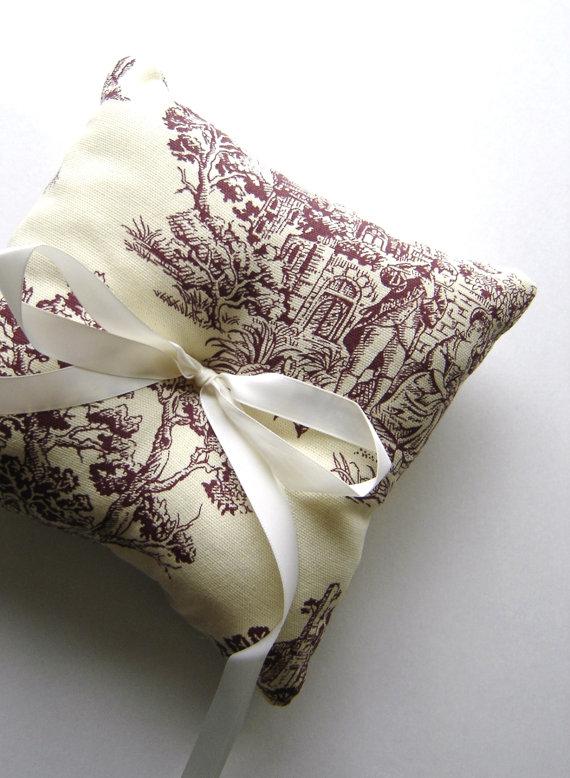 Wedding - Burgandy Ring Bearer, Toile Wedding Ring Bearer Pillow, French Country, Courting Couple, Mulberry Wedding, English Country- LARKRISE
