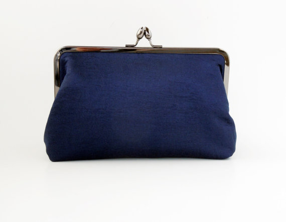 Mariage - Classic Navy Blue Clutch, Wedding Purse, Bridesmaids Gifts, Personalized Gift, Silver Kiss Lock Frame