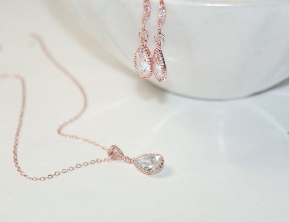 Wedding - Rose Gold CZ Earrings Necklace Set, Engagement Gift Idea,new Bride Gift ,rose Gold Earrings,wedding Jewelry, Bridal Jewelry, Bridal Necklace