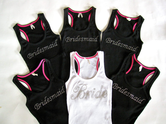 Hochzeit - 6 Bride Bridesmaid Tank Tops. Bride, Bridesmaid, Maid of Honor. Bridal Party Rhinestone Shirts
