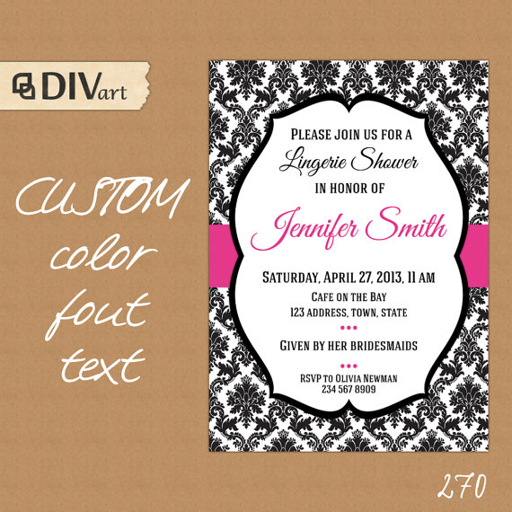 Wedding - PRINTABLE 5x7" Bridal Shower Invitation, Lingerie Shower, Engagement Party - black and hot pink or CUSTOM color - 270