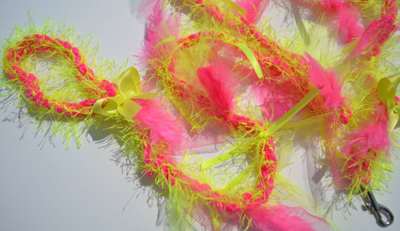 Wedding - Dog Leash Neon Pink and Yellow Feather Crochet